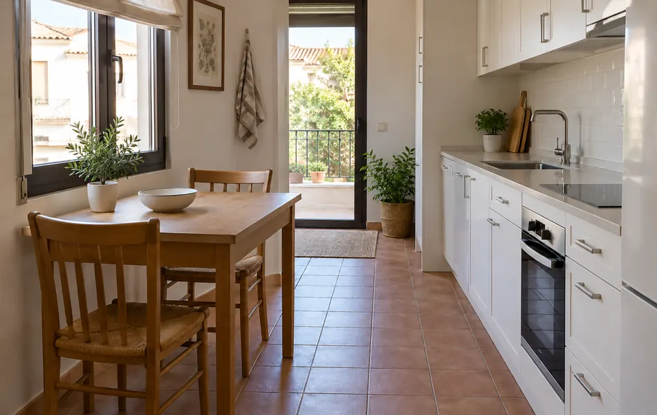 Mesa pequeña de madera con dos sillas junto a una ventana de la cocina