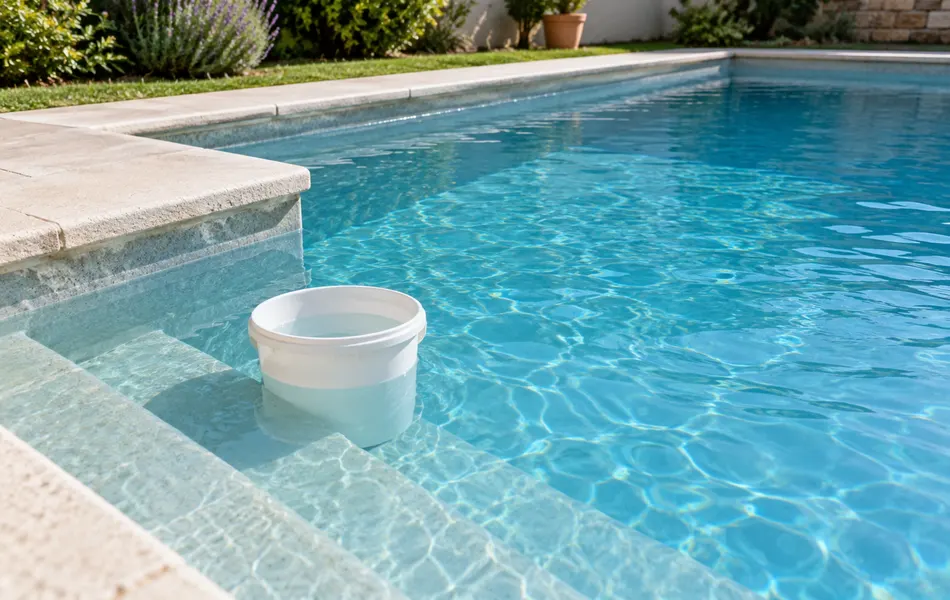 Cubo con agua colocado sobre un escalón de una piscina exterior