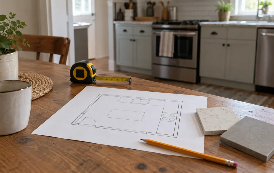 Boceto de distribución de cocina con cinta métrica, lápiz y muestras de materiales