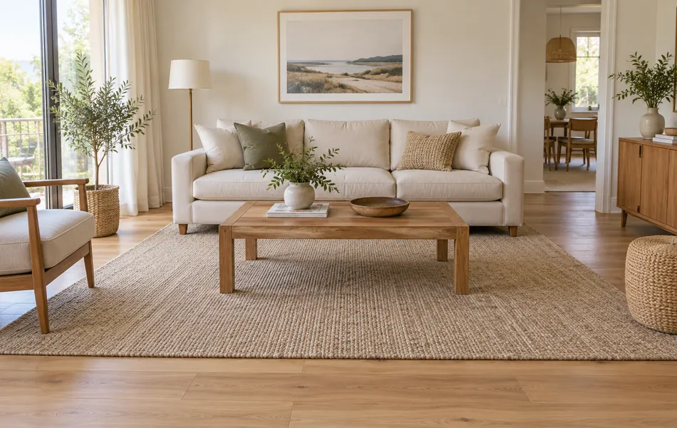 Alfombra rectangular bajo las patas delanteras de un sofá y una mesa de centro en un salón