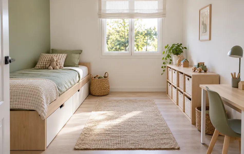 Habitación infantil pequeña con cama baja, cajones y almacenamiento para juguetes