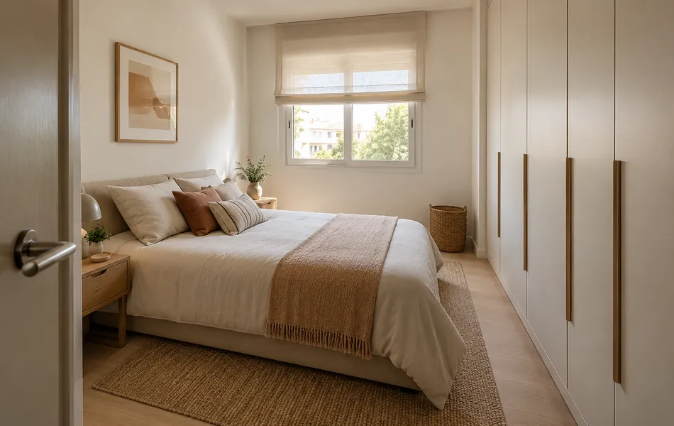 Dormitorio pequeño con cama doble, mesillas estrechas y armario junto a una zona de paso