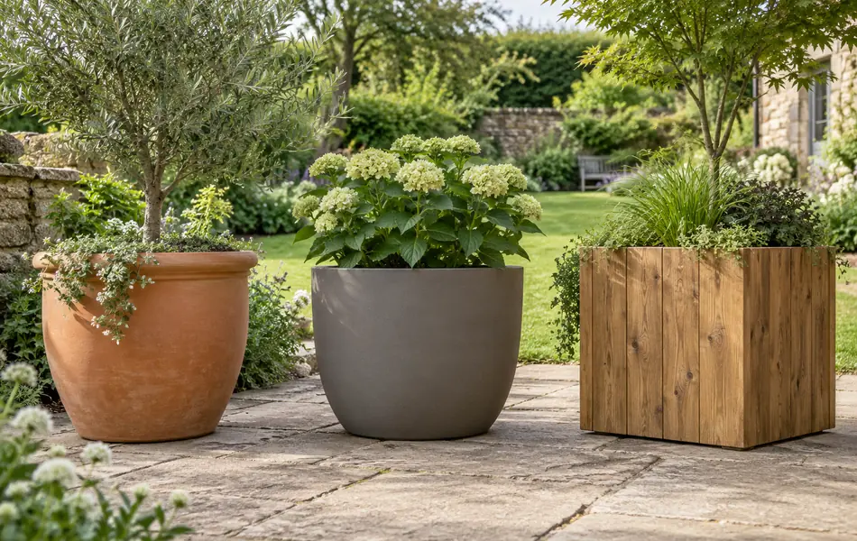 Tres maceteros grandes con plantas sobre el pavimento de un jardín