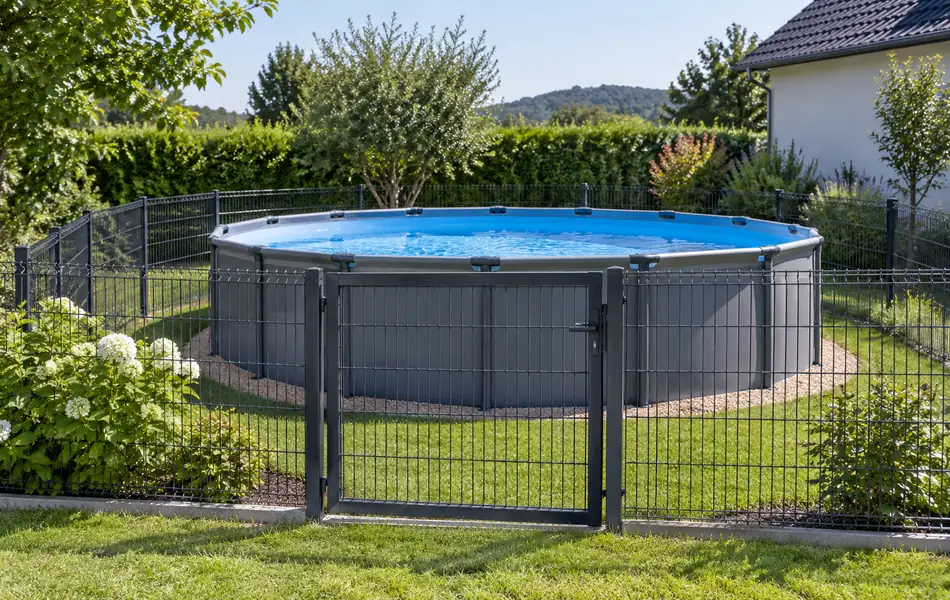 Piscina desmontable en un jardín con una valla perimetral y puerta cerrada