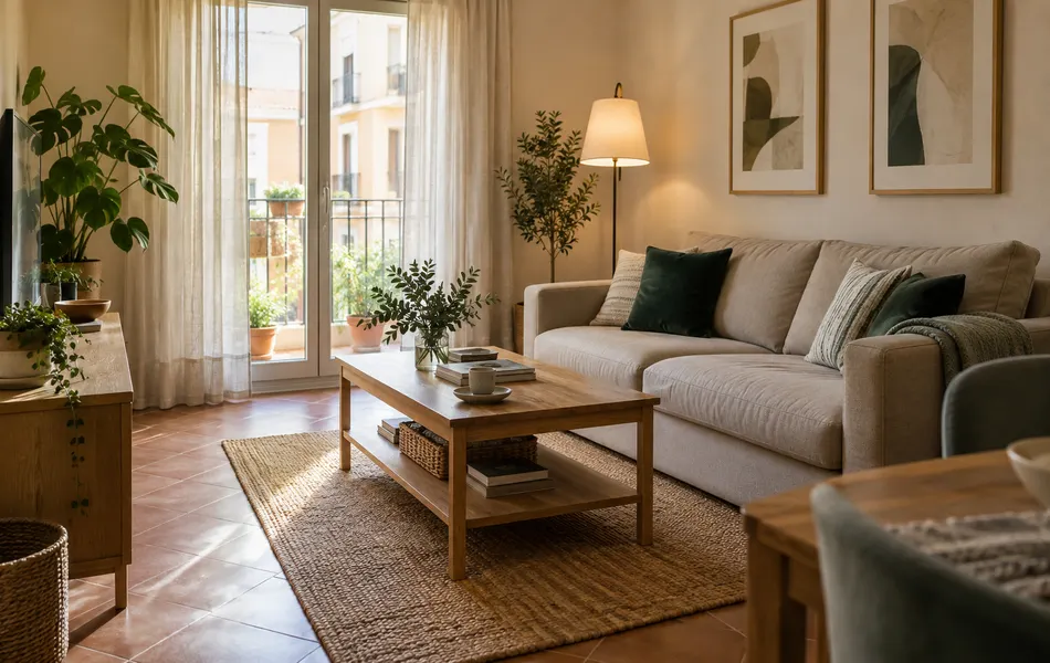 Salón con sofá beige, mesa de madera y lámpara junto a una ventana