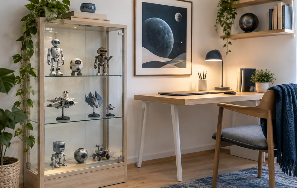 Vitrina con figuras de robots y naves junto a un escritorio ordenado