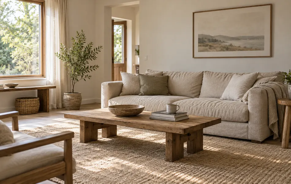 Salón despejado con sofá beige, mesa de madera y luz natural