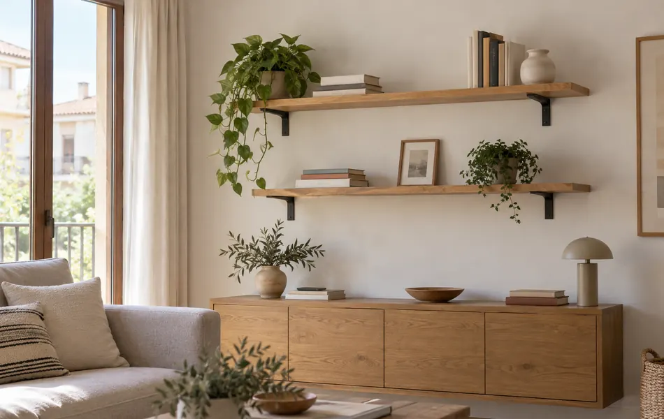 Dos estanterías de madera con escuadras metálicas en un salón luminoso