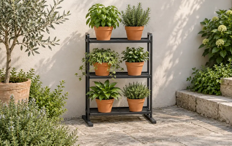 Macetas individuales colocadas en tres niveles de un soporte de plantas