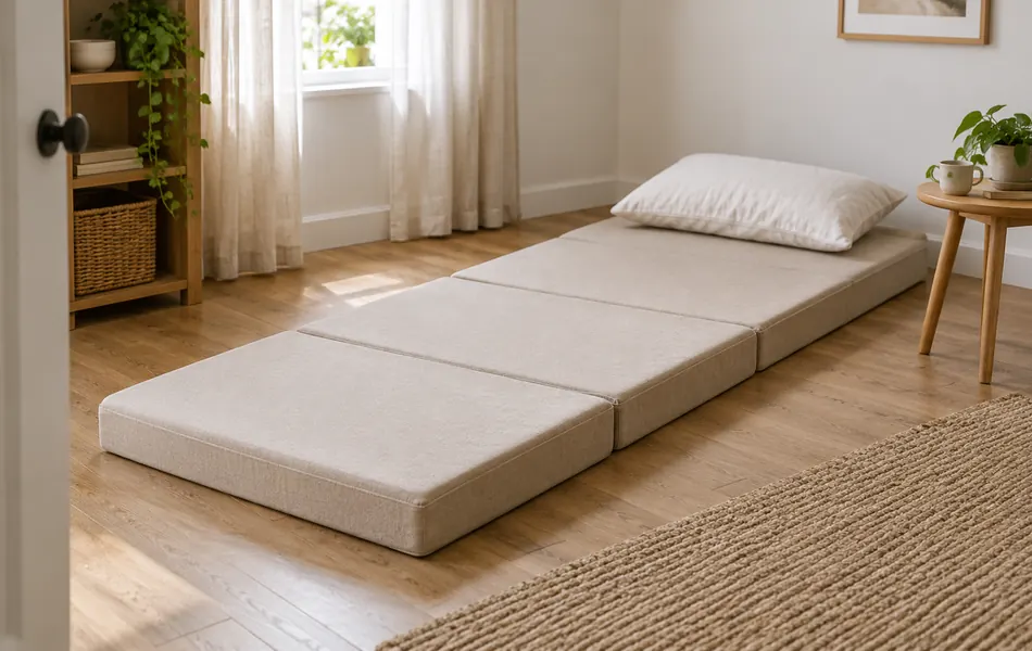 Colchoneta plegable beige desplegada en tres secciones en una habitación de invitados