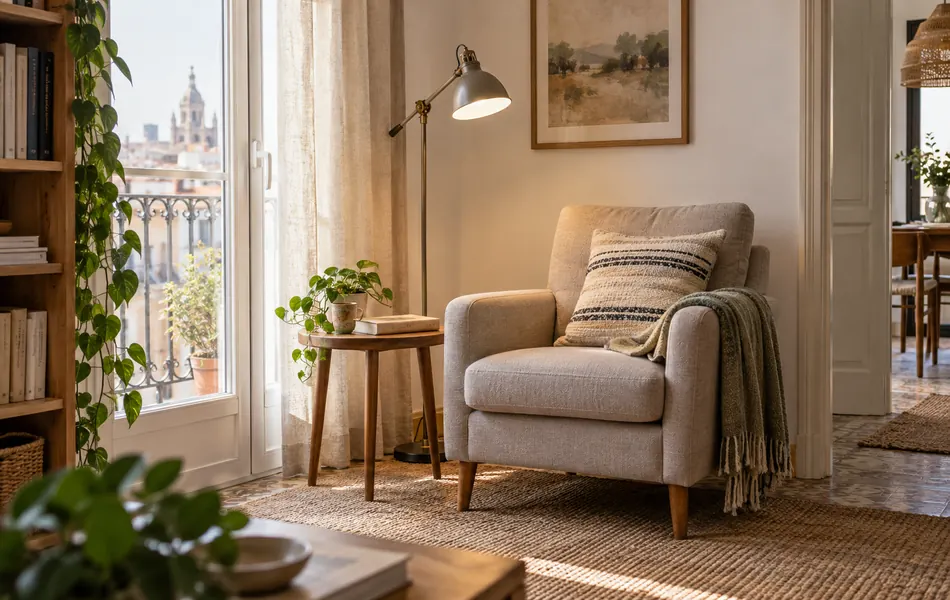 Sillón tapizado con apoyabrazos junto a una lámpara y una mesa auxiliar de lectura