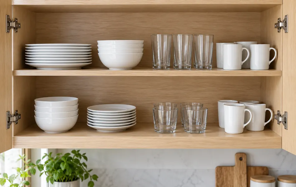 Platos, cuencos, vasos y tazas ordenados en dos estantes de un armario de cocina