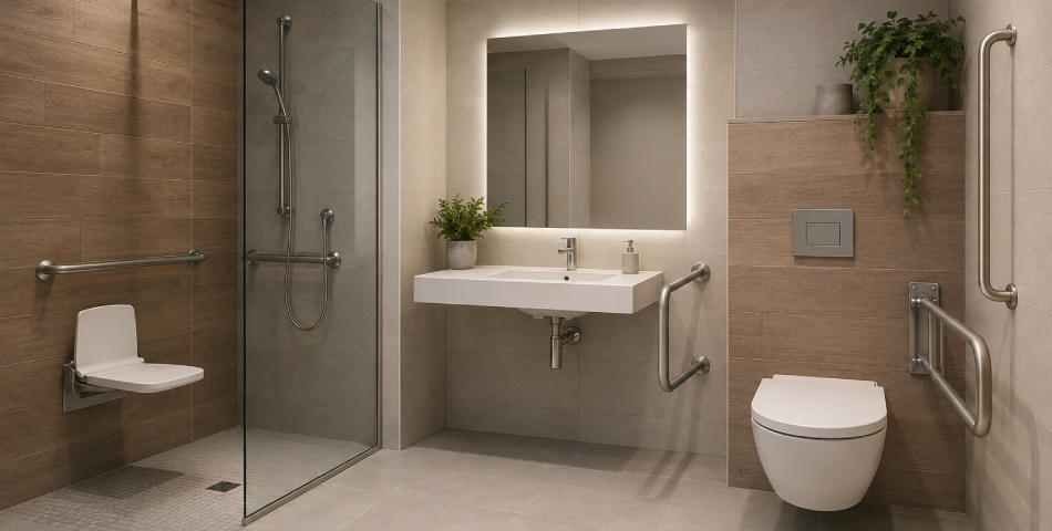 Baño adaptado moderno con ducha a ras de suelo, asiento abatible, lavabo suspendido accesible, inodoro con barras de apoyo y espacio de maniobra para silla de ruedas.